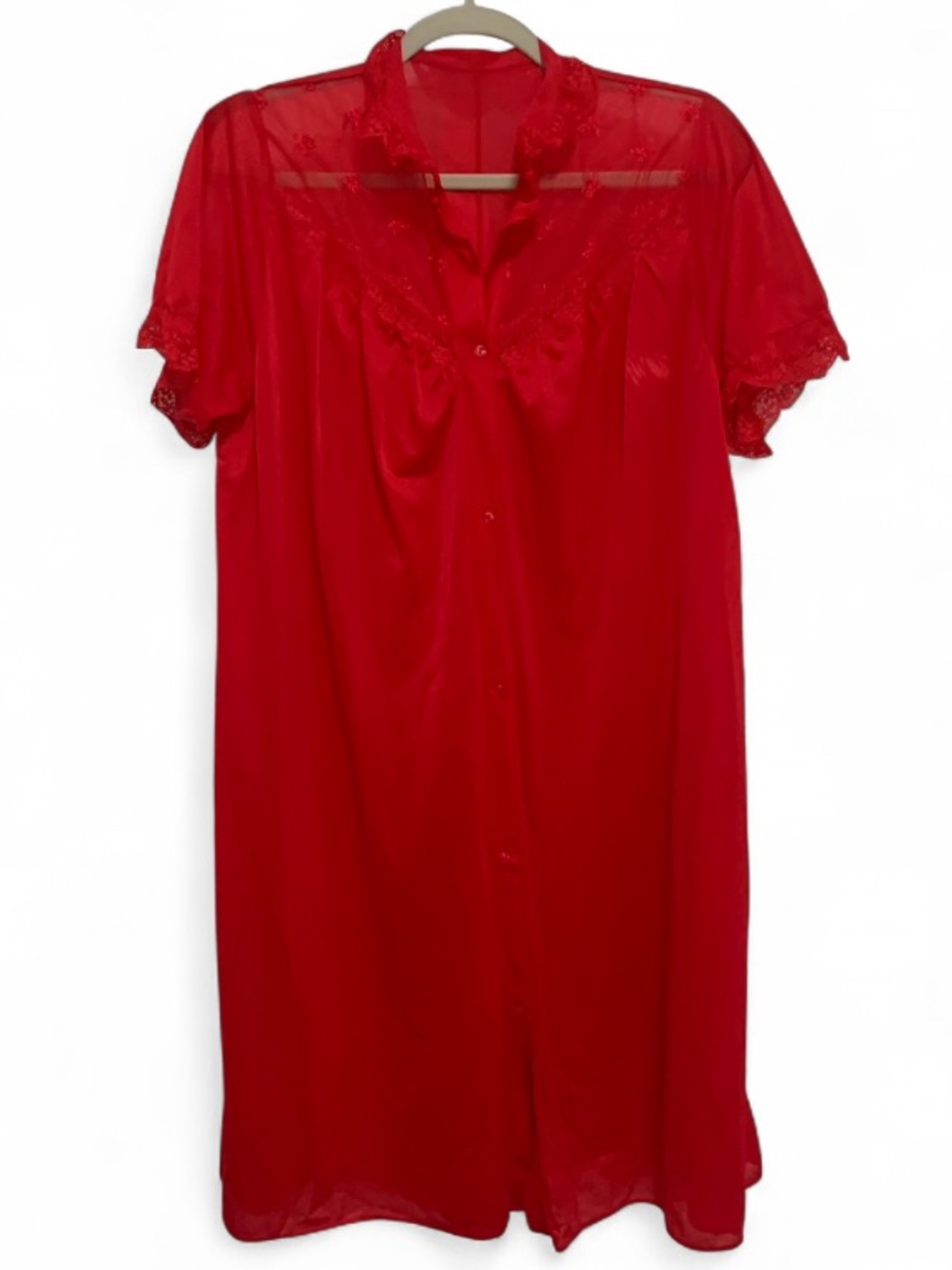 Vintage Red Embroidered Button Front Sleep Dress Nightgown